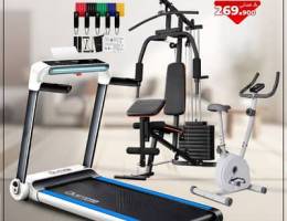 2HP Motorized Treadmill, Multi Home Gym and Magnetic Upright Bike
